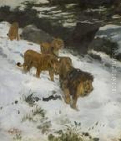 Lowen In
 Winterlandschaft. Oil Painting by Geza Vastagh