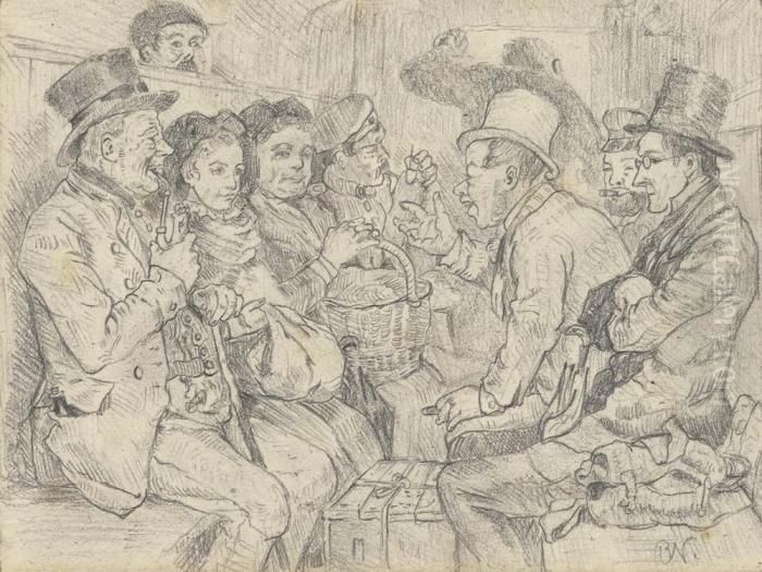 In The Railway Compartment. Oil Painting by Benjamin I Vautier