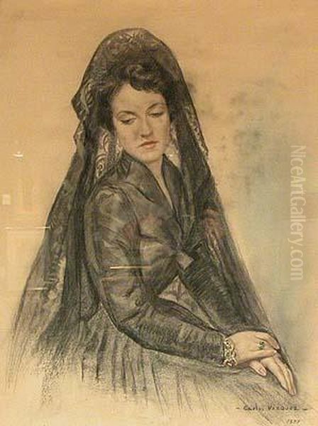 Dama De Negro Con Mantilla.
 Carboncillo Y Lapiz De Color So- Oil Painting by Carlos Vazquez Ubeda