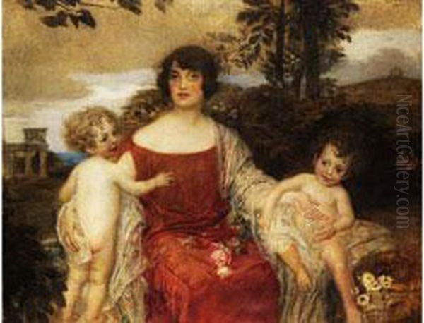 Junge Frau Mit Zwei Kindern
 In Sudlicher Landschaft Oil Painting by Eduard Veith