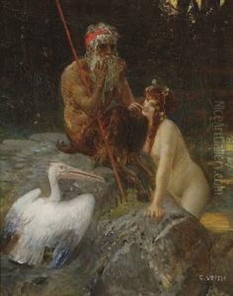 Satyr Mit Nymphe Und
 Pelikan Oil Painting by Eduard Veith