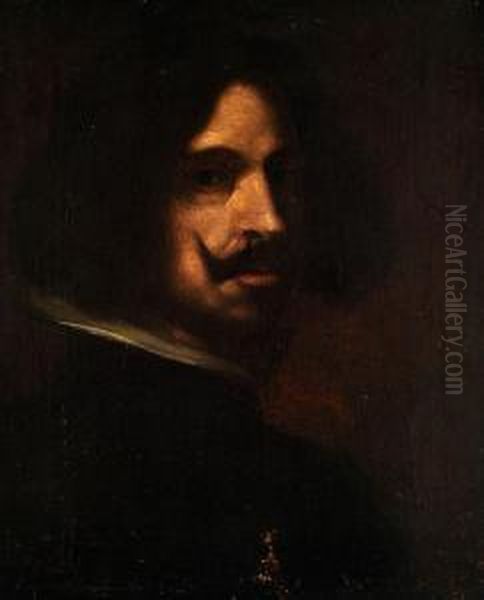 Nach Dem Selbstportrait, 
Halbbildnis Mitbart Und Weissem Kragen, Vor Dunklem Hintergrund. Oil Painting by Diego Rodriguez de Silva y Velazquez