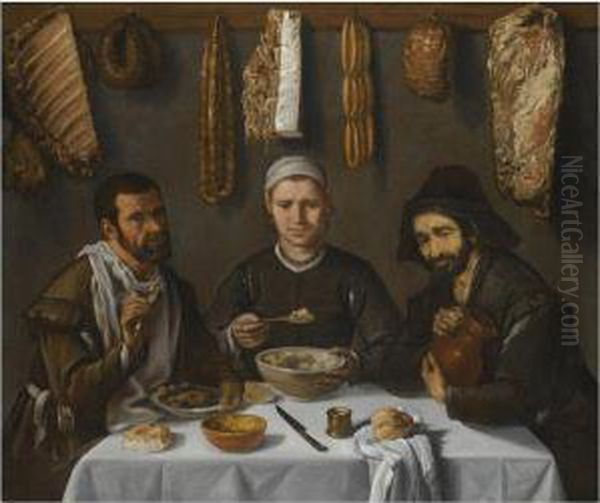 An Interior With Three Figures 
Eating At A Table, A Row Of Meats Hung From A Rail On The Back Wall Oil Painting by Diego Rodriguez de Silva y Velazquez
