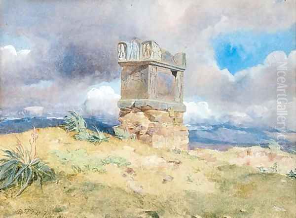 A ruinous tomb in an extensive landscape Oil Painting by Alfred Downing Fripp