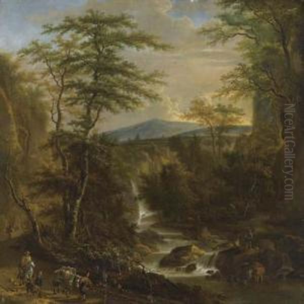 Southern Forest Landscape With 
Waterfall, Travellers And Fishermen The Figures Probably By Johannes 
Lingelbach. Oil Painting by Adriaen Hendricksz. Verboom