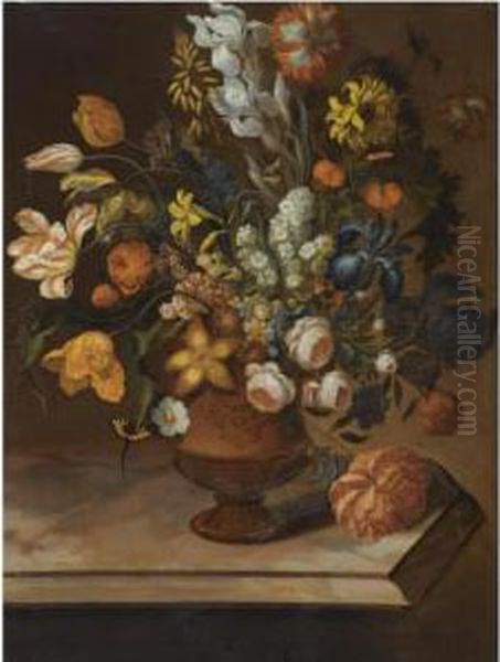 A Still Life Of Peonies, Roses, 
Parrot Tulips, Daffodils, A Sun Flower, Fuchsia's And Other Flowers In A
 Sculpted Vase, On A Stone Table Oil Painting by Caspar Pieter I Verbrugghen