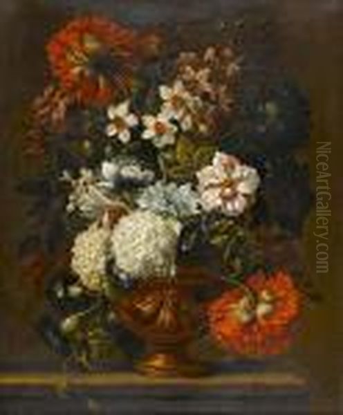 Chrysanthemums, Narcissi, 
Snowballs, Morning Glory And Other Flowers In A Bronze Urn On A Stone 
Ledge Oil Painting by Caspar Pieter I Verbrugghen