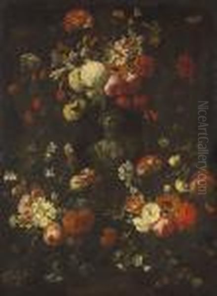 A Garland Of Flowers Surrounding A Classical Bust Oil Painting by Caspar Pieter I Verbrugghen