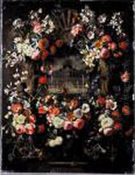 Still Life Of Garlands Of 
Flowers Adorning A Carved Stone Window, A Palace Garden With David And 
Bathsheba Beyond Oil Painting by Caspar Pieter I Verbrugghen