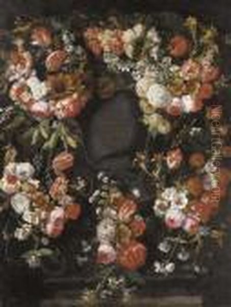 A Garland Of Roses, Tulips, 
Carnations, Narcissi, Grapes And Other Flowers Surrounding A Stone 
Cartouche Oil Painting by Caspar Pieter I Verbrugghen