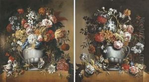 Lilies, Passiflora, Jasmine, 
Morning Glory And Other Flowers In An Urn On A Stone Ledge; And Roses, 
Tulips, Jasmine, An Iris And Other Flowers In An Urn On A Stone Ledge Oil Painting by Caspar Pieter I Verbrugghen