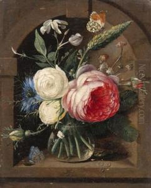 Roses, A Cornflower And 
Wildflowers In A Vase With Two Butterfliesin A Niche; And Roses, 
Bluebells And Other Flowers In A Vase With Abutterfly And Other Insects 
In A Niche Oil Painting by Caspar Pieter I Verbrugghen