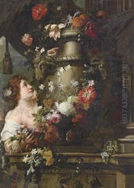 A Lady Adorning A Sculpted Urn 
With Roses, Lilies And Other Flowers, With A Draped Column And Grapes On
 A Stone Ledge Oil Painting by Gaspar-pieter The Younger Verbruggen