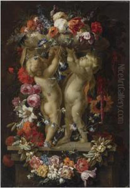A Still Life With A Garland Of 
Flowers Surrounding A Vase Withtwo Sculpted Putti, On A Stone Ledge Oil Painting by Gaspar-pieter The Younger Verbruggen
