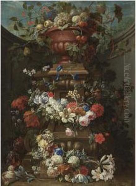 Still Life With Fruit In A 
Bronze Urn Atop A Stone Plinth Decoratedwith Garlands Of Flowers Oil Painting by Gaspar-pieter The Younger Verbruggen