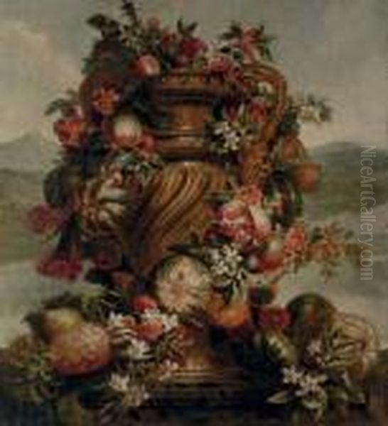 Pomegranates, A Pineapple, 
Melons, Tomatoes, Gourds, And Flowers, In An Urn On A Plinth, A River 
Landscape Beyond Oil Painting by Gaspar-pieter The Younger Verbruggen