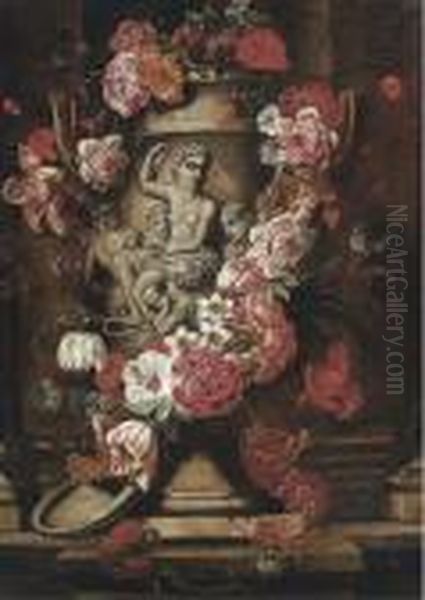 Roses, Parrot Tulips, Morning 
Glory, Carnations And Other Flowersin A Sculpted Stone Vase On A Ledge Oil Painting by Gaspar-pieter The Younger Verbruggen