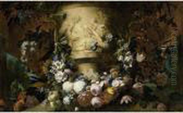 A Garland Of Roses, Tulips, 
Daffodils, Forget-me-nots, Chrysanths, Carnations, Snowballs, Lilies, 
Small Morning Glory, Opium Poppies, Elder And Other Flowers Surrounding A
 Sculpted Marble Vase Showing A Bacchanalian Scene With A Satyr, A View 
Of A Oil Painting by Gaspar-pieter The Younger Verbruggen