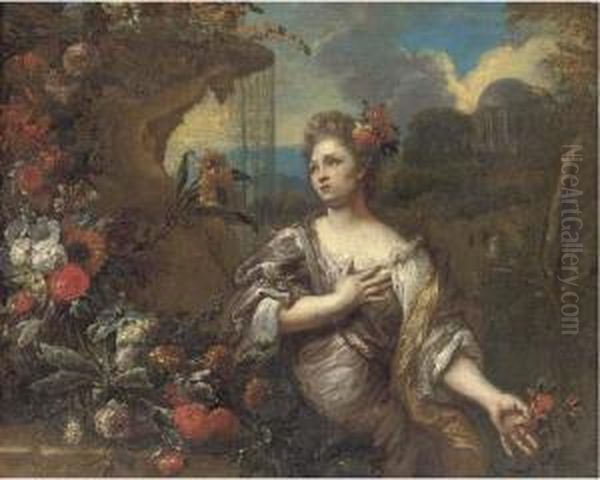 A Portrait Of A Lady, 
Three-quarter-length, With A Flower In Herleft Hand, A Garland Of 
Flowers To Her Right And A Classicallandscape Beyond Oil Painting by Gaspar-pieter The Younger Verbruggen