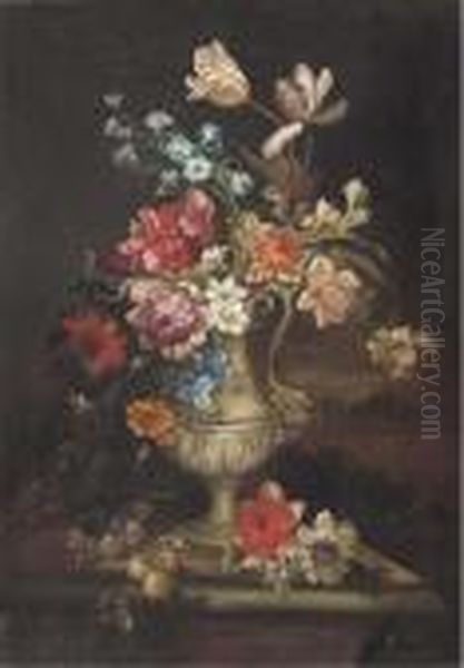 Tulips, Carnations And Other 
Flowers In A Vase With A Butterfly Anda Dragonfly On A Ledge Oil Painting by Gaspar-pieter The Younger Verbruggen