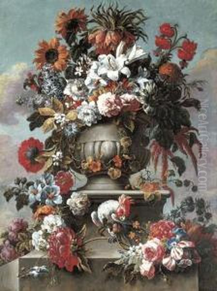 Lillies, Peonies, Sunflowers, 
Foxglove And Other Flowers In An Urnwith A Cockatoo On A Stone Ledge Oil Painting by Gaspar-pieter The Younger Verbruggen