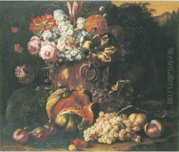 A Still Life Of Flowers In A 
Bronze Vase, With A Melon, Grapes,peaches And Other Fruit On A Forest 
Floor Oil Painting by Gaspar-pieter The Younger Verbruggen