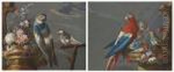 Two Parrots Perched On A 
Fountain With A Bunch Of Mixed Flowers:and A Parrot, A Kingfisher And A 
Song Bird Perched On A Fountainwith Mixed Flowers Oil Painting by Gaspar-pieter The Younger Verbruggen