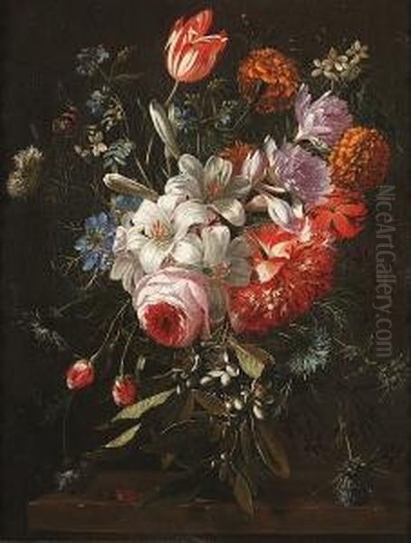 Lilies, Tulips, Chrysanthemums, 
Thistles And Other Flowers In A Glass Vase With A Butterfly And A Beetle
 On A Ledge Oil Painting by Gaspar-pieter The Younger Verbruggen