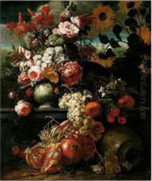 A Still Life Of Roses, Tulips, 
And Other Flowers In A Porcelain Vase, Together With Pomegranates, Plums
 And Grapes, In An Ornamental Landscape Oil Painting by Gaspar-pieter The Younger Verbruggen