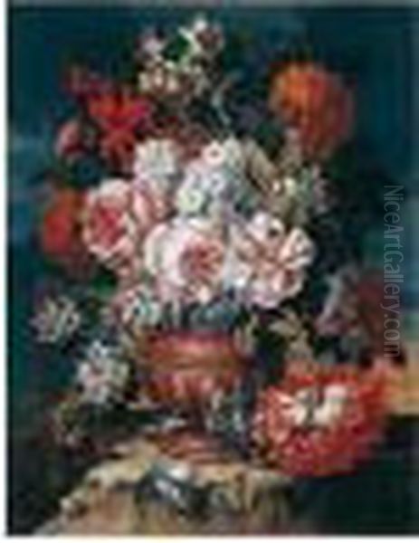 Still Life Of Roses, Narcissi, 
Carnations, Morning Glory And Orange Blossom, In A Sculpted Urn, Within A
 Landscape Setting Oil Painting by Gaspar-pieter The Younger Verbruggen