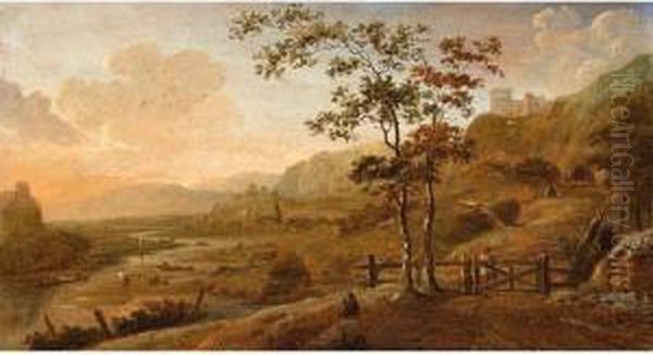 A River Landscape With A Figure 
Near A Fence And Fishermen Unloading The Catch, A Ruin In The Background Oil Painting by Dionys Verburgh