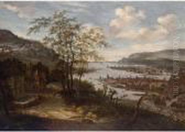 An Extensive River Landscape 
With Towns And Sailing Boats, Figures Near A Fountain On The Left And 
Mountains Beyond Oil Painting by Dionys Verburgh