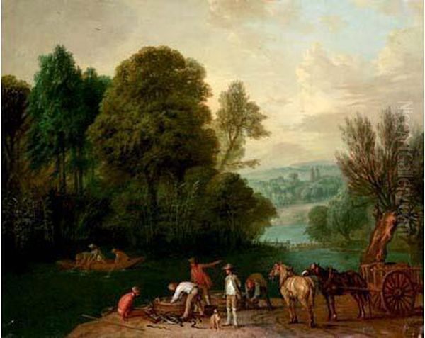Pecheurs En Barque, Remontant 
Leur Filet, Tandis Que D'autres, Sur La Berge De La Riviere, Tiennent 
Leurs Prises. Oil Painting by Jan Peeter Verdussen