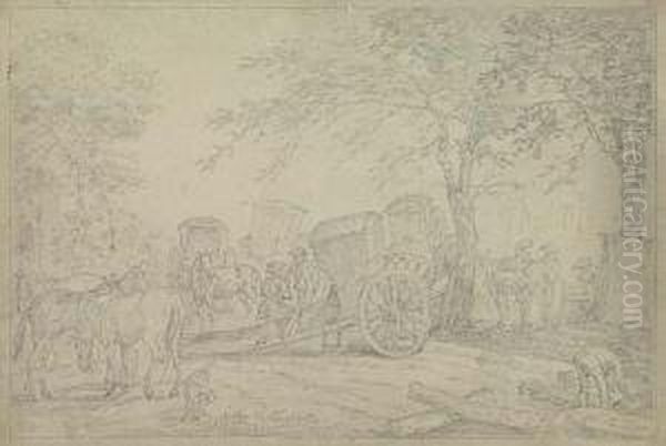 Two Pencil Drawings.
Landscape With Travelers At Rest Oil Painting by Jan Peeter Verdussen