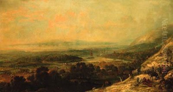 A Military Column Descending To A River Plain With A Town Undernaval Bombardment Beyond Oil Painting by Jan Peeter Verdussen