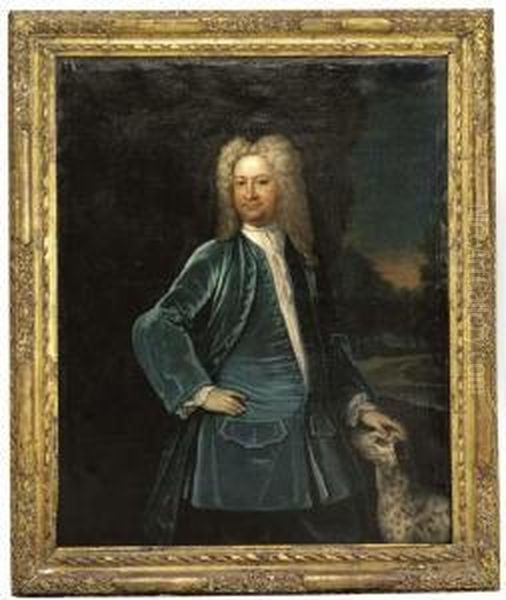 Portrait Of Ezekiel Wallis, 
Three-quarter-length, In A Blue Coatand Waistcoat, A Dog By His Side Oil Painting by Johannes or Jan Verelst