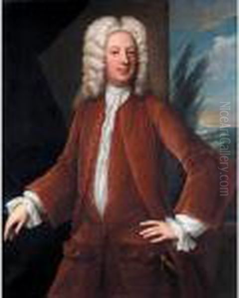 Portrait Of Richard Marriott Of 
Alscot Park, Gloucestershire (d.1744), Three-quarter Length Standing, 
Wearing A Brown Coat, A Sword At His Side Oil Painting by Johannes or Jan Verelst