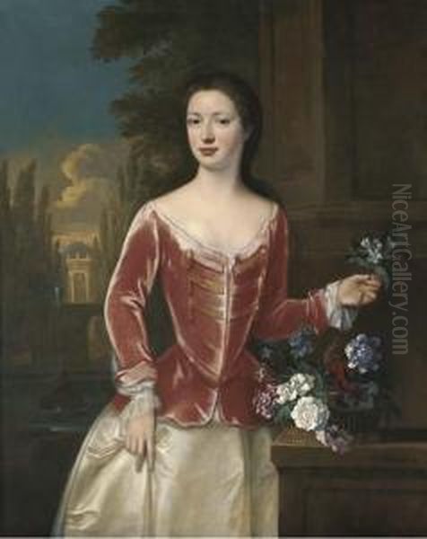 Portrait Of A Lady, 
Three-quarter-length, In A Pink Bodice Andoyster Satin Skirt, Holding A 
Sprig Of Orange Blossom In Her Lefthand, A Basket Of Flowers On A Ledge 
Beside Her, An Italianategarden With A Fountain And A Classical Building
 Beyond Oil Painting by Johannes or Jan Verelst