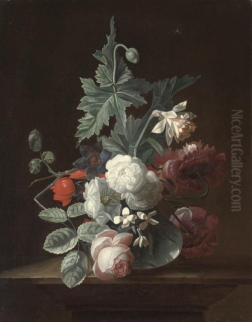 Roses, An Anemone, Jasmine, Poppies And A Narcissus In A Glass Vase On A Stone Ledge Oil Painting by Pieter Harmensz Verelst