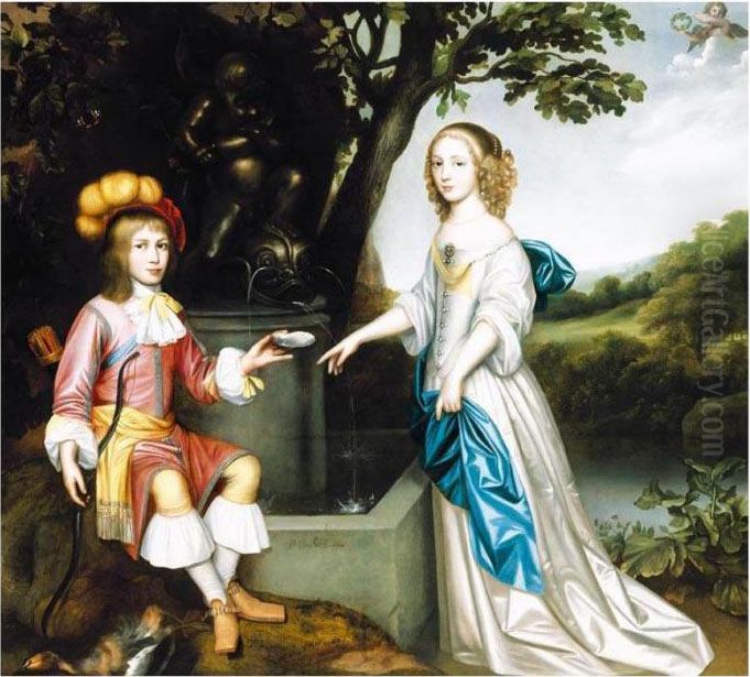Portrait Of A Young Man Offering
 A Drink To A Young Lady Standing By A Fountain, A Landscape Beyond Oil Painting by Pieter Harmensz Verelst