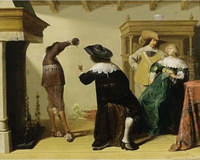 An Elegant Company Drinking Wine In An Interior Oil Painting by Pieter Harmensz Verelst