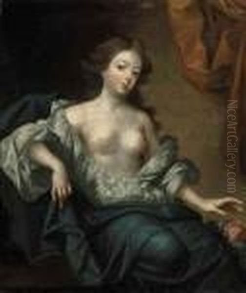 Portrait Of Nell Gwyn 
(1650-1687), Actress And Mistress Of Kingcharles Ii Of England, 
Three-quarter-length, Seated, In A Whitechemise And A Blue Mantle, With A
 Flowermantle, With A Flower Oil Painting by Simon Pietersz. Verelst