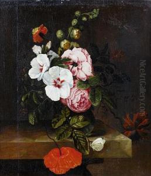 Roses, Tulips And Other Flowers 
In A Glassvase On A Table Top, With A Butterfly And A Dragonfly Oil Painting by Simon Pietersz. Verelst
