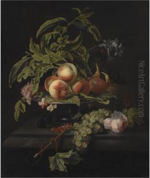 Still Life With Peaches And Figs
 On A Pewter Platter, Grapes And A Rose On The Marble Ledge Beneath Oil Painting by Simon Pietersz. Verelst