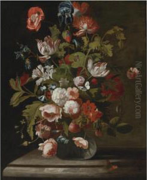 Still Life Of Roses, Tulips, An 
Iris And Other Flowers, In A Glassvase, Resting On A Table Oil Painting by Simon Pietersz. Verelst