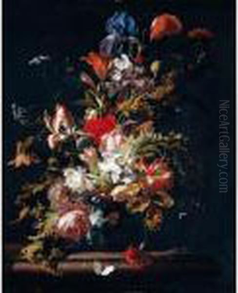 A Still Life Of Blooms Of Lily, 
Rose, Poppy, Peony, Iris, Narcissus, Carnation, Convolvulus And Other 
Flowers, With Sprays Of Cow Parsley, In A Chinese Porcelain Vase On A 
Marble Ledge Oil Painting by Simon Pietersz. Verelst