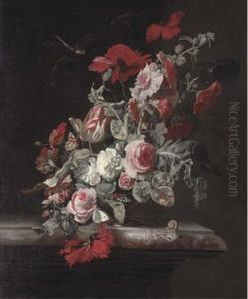 Roses, A Parrot Tulip, Poppies, 
Carnations And Other Flowers In Anurn With A Dragonfly, Butterflies And A
 Snail On A Marbleledge Oil Painting by Simon Pietersz. Verelst