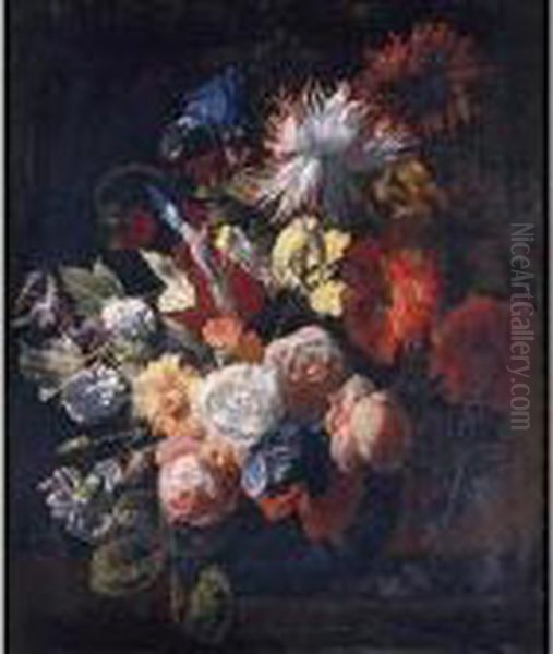 Still Life Of Irises, Poppies, 
Roses, Tulips, Peonies, Snowballs And Other Flowers In A Vase On A Stone
 Ledge Oil Painting by Simon Pietersz. Verelst