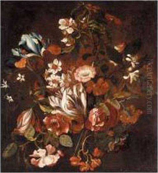 A Still Life With Tulips, 
Narcissi, Morning Glory, Irises, Roses, Orange Blossom And 
Chrysanthemums Oil Painting by Simon Pietersz. Verelst