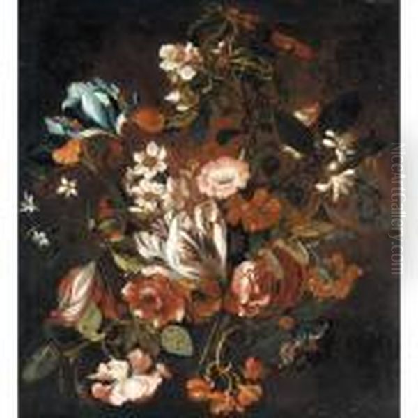 Still Life Of Tulips, Narcissi, 
Morning Glory, Irises, Roses, Orange Blossom And Chrysanthemums Oil Painting by Simon Pietersz. Verelst